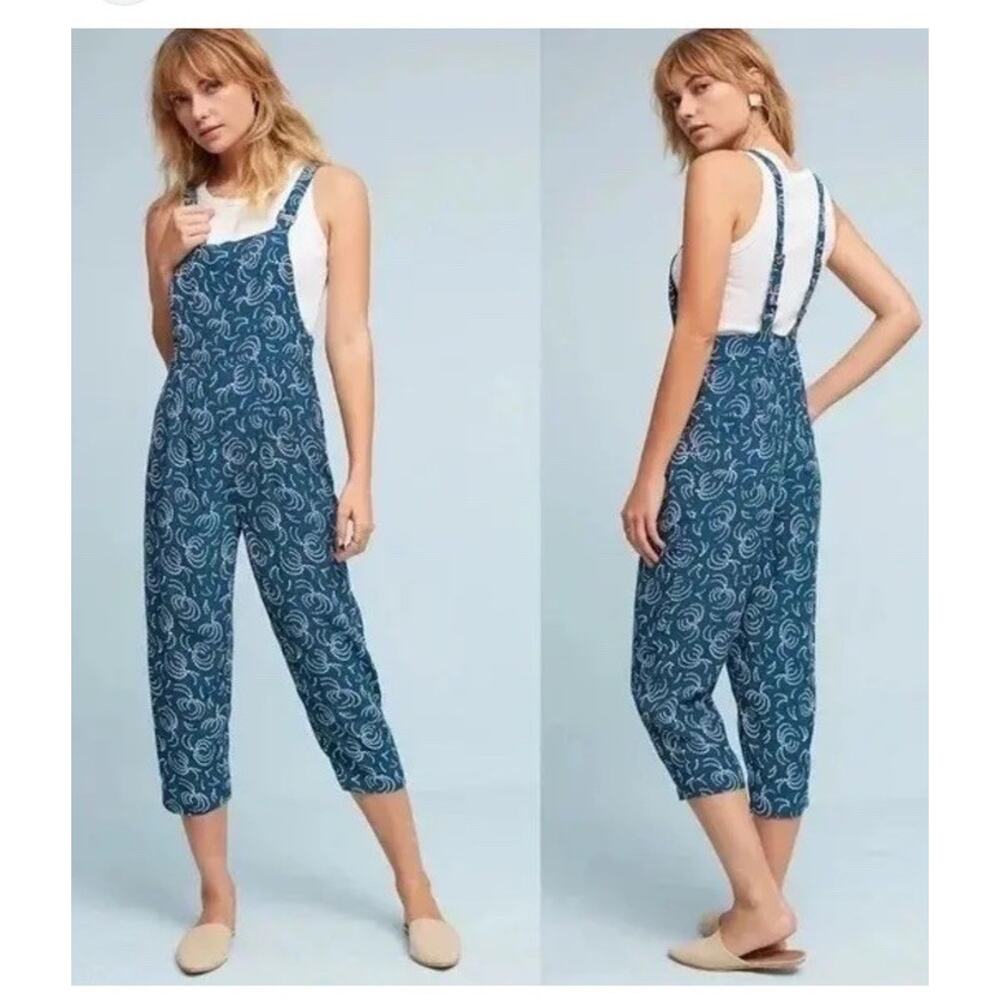 Anthropologie Maeve Tidal Pools‎ Blue Print Cropped Jumpsuit S Medium Overalls